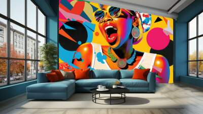 Happy fusion of contemporary art and old-fashioned style. Pop art background, colorful, bright colors, collage smiling girl portrait and different elements and symbols. Illustration. Generative AI. Wall mural