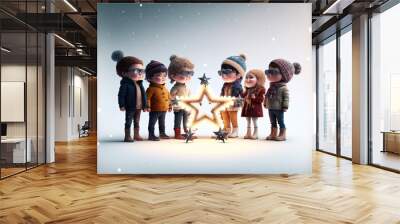 Illustrated, animated, cartoon happy characters with a big shiny star. Christmas concept of happy friends during the holidays. Children waiting for Santa Claus. Generative AI. Wall mural