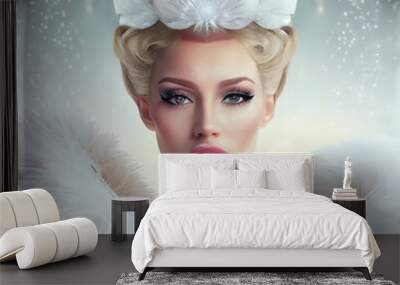 Illustrated portrait of a beautiful, attractive icy snow queen from imagination and dreams. A blonde young woman with an ice crown, white soft snow in the background.Generative AI Wall mural