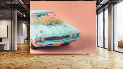 Illustration of a blue retro car full of fresh spring flowers on a pastel pink background. Illustration, Generative AI. Wall mural