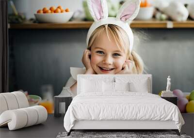 Joyful smiling little girl enjoying Easter holidays, painted, decorated eggs and bunny ears. Spring in a warm family home. Generative AI. Wall mural