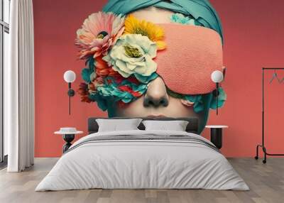 Love, beautiful girl portrait in pastel vivid, fresh, Spring, flowers, a wreath of flower in the hair of a young woman with face mask through the eyes. Generative AI. Wall mural