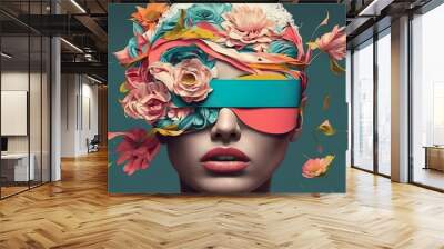 Love, beautiful girl portrait in pastel vivid, fresh, Spring, flowers, a wreath of flower in the hair of a young woman with face mask through the eyes. Generative AI. Wall mural