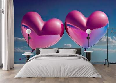 Minimal love concept of pink heart shaped balloon, two balloons on blue sky with white clouds background. Soft pastel colors. Creative Valentine's Day. Generative AI. Wall mural