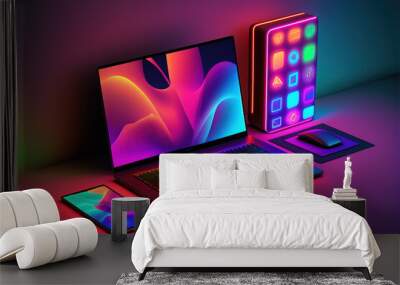 Modern neon technology concept with many expensive electronic gadgets on the desk. Illustration of computer, tablet and laptop. Cyber ​​modern lights. Generative AI. Wall mural