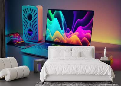 Modern neon technology concept with many expensive electronic gadgets on the desk. Illustration of computer, tablet and laptop. Cyber ​​modern lights. Generative AI. Wall mural