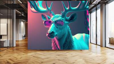 Neon cyberpunk futuristic portrait in pop art style of white reindeer with large strong horns and modern sunglasses. Purple lights. Generated AI. Wall mural