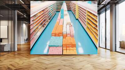 Pastel creative concept of a huge supermarket, shopping center full of people and products on racks and shelves. Illustration. Generative AI. Wall mural