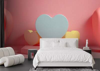 Pastel love pedestal and product podium. Pink stage for Valentine's day presentation in a heart shaped frame. 3d geometry beautiful heart. Illustration. Generative AI. Wall mural