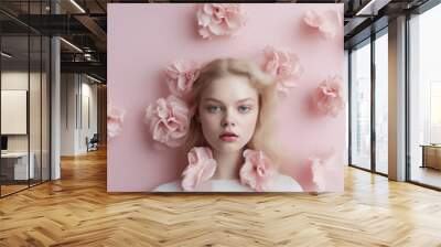 Pastel spring tender background, fresh pink field flowers, roses, petals and leaves on young beautiful girl, flat lay portrait. Generative AI. Wall mural