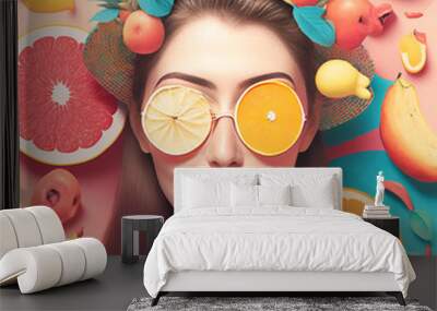 Portrait of a young, beautiful girl promoting healthy food, fruit diet plan. Chopped fruit salad, food creative concept. Illustration, Generative AI. Wall mural