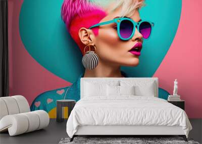 Profile of a young, fashionable girl who has a short haircut, vivid hair color and sunglasses. Urban hipster girl. Colorful background. Illustration. Generative AI. Wall mural