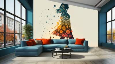 Silhouette of a young beautiful girl created from flowers, butterflies and birds walking on the landscape during sunset. Illustration. Generative AI. Wall mural