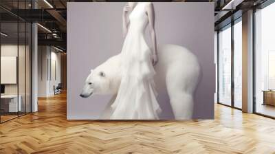 Snow white abstract elegant portrait of a young beautiful girl with a big dangerous polar bear. Gentle white color tones, women and wild animal. Generative AI. Wall mural