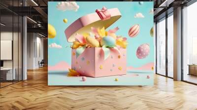 Spring Easter gift, pastel pink gift box. Painted pastel Easter eggs and fresh Spring flowers. Minimal creative concept. Generative AI. Wall mural