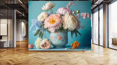 Spring plant concept, colorful beautiful fresh flowers on a pastel blue background. Flowers can be used to make a romantic bouquet. Generative AI. Wall mural