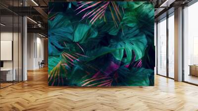 Tropical background exotic fresh green Summer palm leaves and plants in vivid colorful neon colors, flat lay of seamless pattern. Generative AI. Wall mural