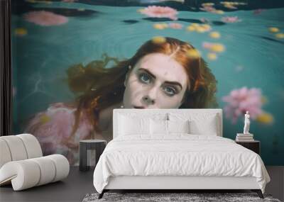 Underwater abstract portrait of a young beautiful girl with colorful Spring fresh flowers on the surface of the water. Summer creative relaxing concept. Generative AI. Wall mural