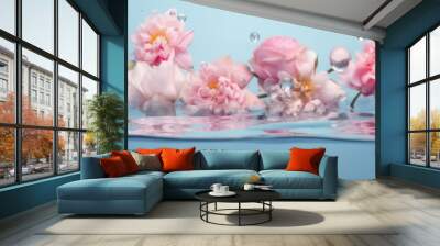 Underwater creative love concept of fresh Spring flowers in blue water background. Love is in the water, Generative AI. Wall mural