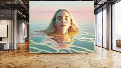 Underwater portrait of a young beautiful girl close up. Water, swimming, rest and beauty, on annual vacation, on an exotic trip in the sea. Generative AI. Wall mural