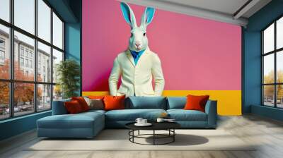 Unrealistic, creative, illustrated, minimal portrait of a wild animal dressed up as a man in elegant clothes. A rabbit standing on two legs in business modern suit. Generative AI. Wall mural