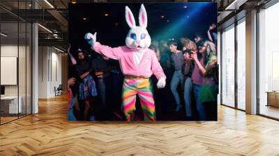 Young beautiful cheerful people enjoy on crazy Easter holiday party, man in hipster trendy costume of rabbit. Teenagers who are having fun and dance with loud music. Generative AI. Wall mural