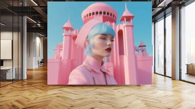 Young beautiful girl in pastel modern outfit, tourist visiting pastel pink architectural contemporary masterpieces. Generative AI. Wall mural