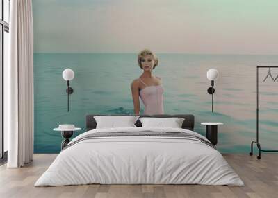 Young beautiful modern fashion girl in retro styling, elegant woman standing in warm calm lake. Gloomy colors of water in the morning landscape. Generative AI. Wall mural