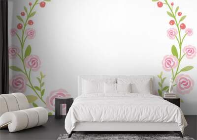 cute pastel green pink valentine roses flat style wreath frame Wall mural