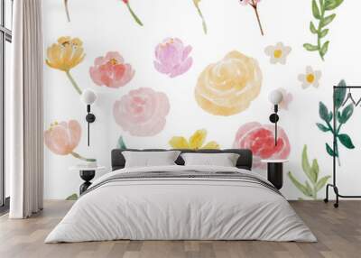 loose watercolor colorful roses and  wild flowers bouquet elements isolated on white backgound digital painting Wall mural