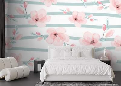 watercolor pink sakura or cherry blossom flower blooming in green strip line seamless pattern Wall mural