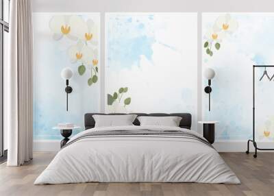 white Phalaenopsis orchid on blue watercolor splash wedding invitation background collection Wall mural