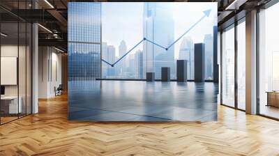 3D Business Graph Showing Growth and Success with Arrow, Table, and Screen Display in Cityscape Illustration Wall mural