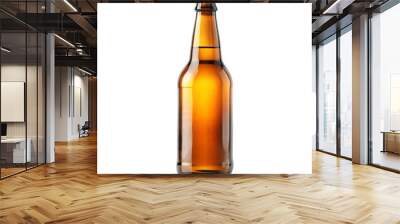 A brown glass beer bottle filled with a cold, amber colored beverage sits alone on a white background Wall mural