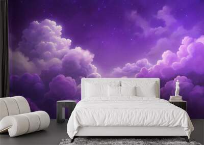 Dramatic cloudscape of fluffy clouds against a vibrant purple sky Wall mural