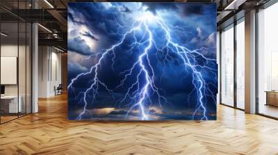 Electric bolt strikes dark sky, thunder roars, lightning flashes, rain falls, storm rages Wall mural