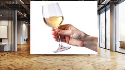 hand holding a glass of white wine surrounded by items like bottles, glasses, and reflections Wall mural