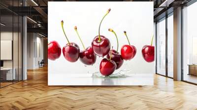 Luscious red cherries on white, juicy in macro close-up Wall mural