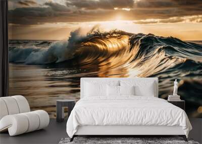 Sunset over the wave of sea with orange hues reflecting on the water Wall mural