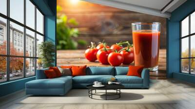 Tomato juice in a glass, surrounded by fresh tomatoes Wall mural