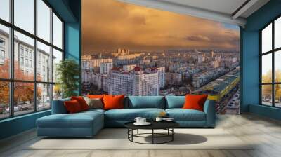 Kyiv Skyline with dramatic clouds at sunset with two rainbows, Ukraine Wall mural