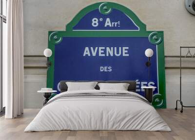 Avenue des Camps Elysees Sign, Photo image a Beautiful panoramic view of Paris Metropolitan City Wall mural