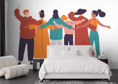 Group of diverse happy people standing together Rear view. Wall mural