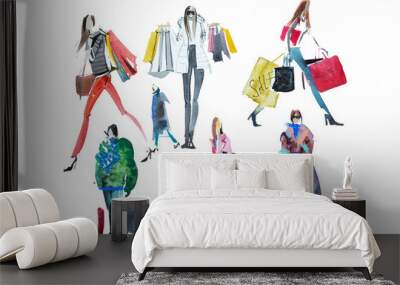 Hand drawn watercolor people with shopping bags. Fashion, sale Wall mural