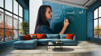 Portrait of woman teacher writing on blackboard in classroom Wall mural