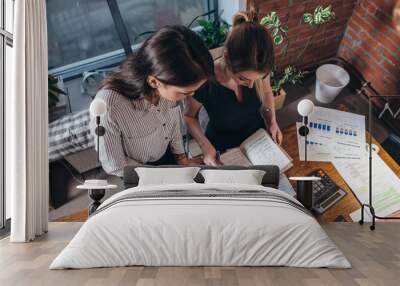 Two female colleagues in office working together. Wall mural