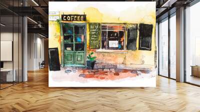 Urban scenic landscape street cafe Watercolor illustration Wall mural