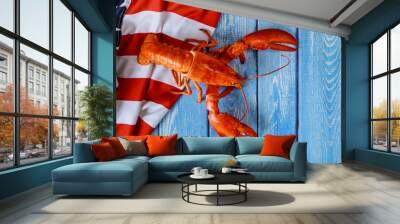 American flag waving in the delicious american lobster for dinner American Holiday Wall mural