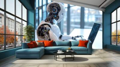 An artificially intelligent humanoid bio robot that works with laptop in office AI Generative Wall mural