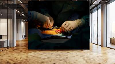 An operating room doctor sews up the wound leg of an injured patient after a surgery Wall mural